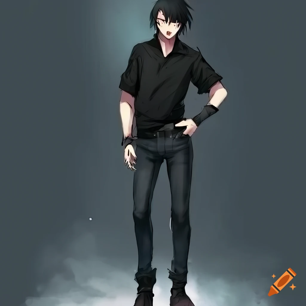Dark-haired man, nerd vibe, in black jeans and shirt, dark, full body, anime, high definition