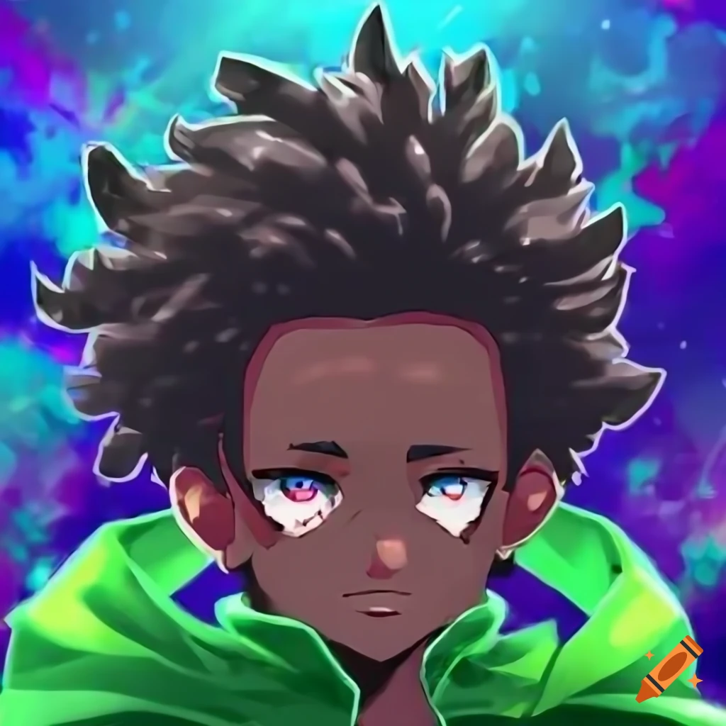 Black anime boy with scars, short kinky hair wearing green cloak