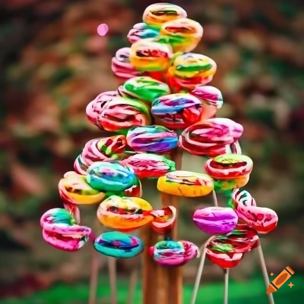 A whimsical garden with candythemed trees and lollipops growing on