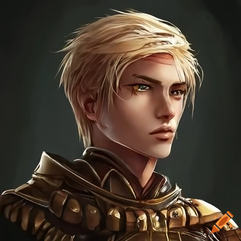 A handsome young adult male warrior with fair skin , short blond hair ...