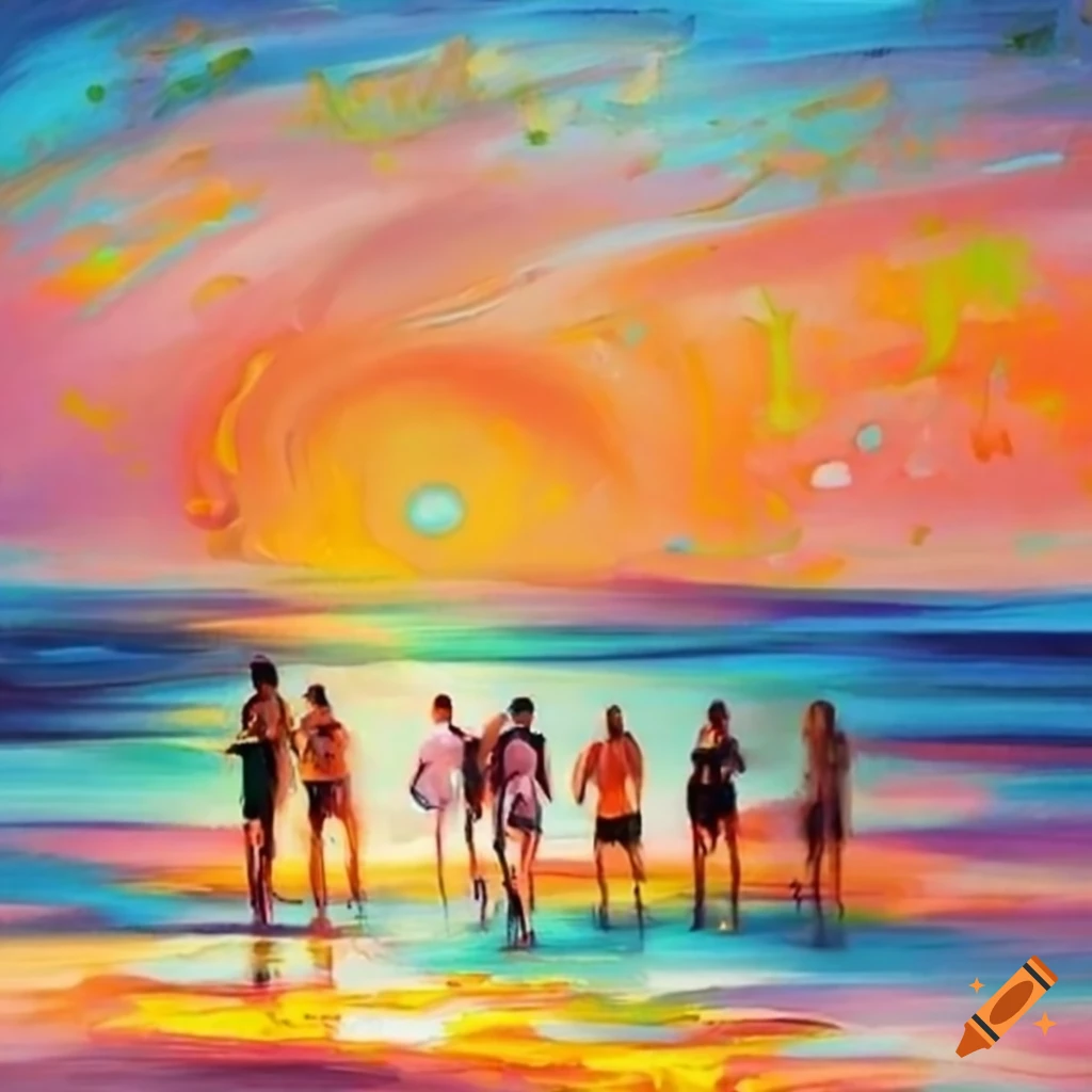 A group of friends hanging out on the beach, abstract painting on Craiyon