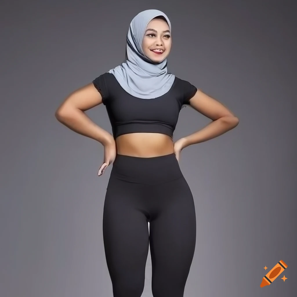 1girl, standing, hijab, malay face, curvy, gymwear, leggings, fit body on  Craiyon
