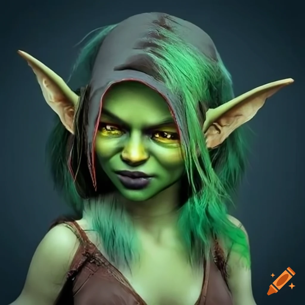 A young, green skinned goblin woman with long green hair with a single ...