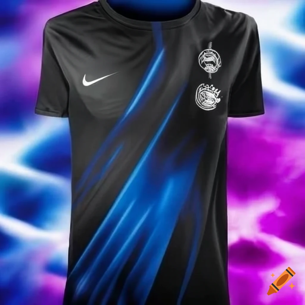 Camiseta de fútbol, de color negro, con un rayo en el medio de arriba hacia  abajo de color azul, cuello en v y las palabras blue label en el medio  on Craiyon