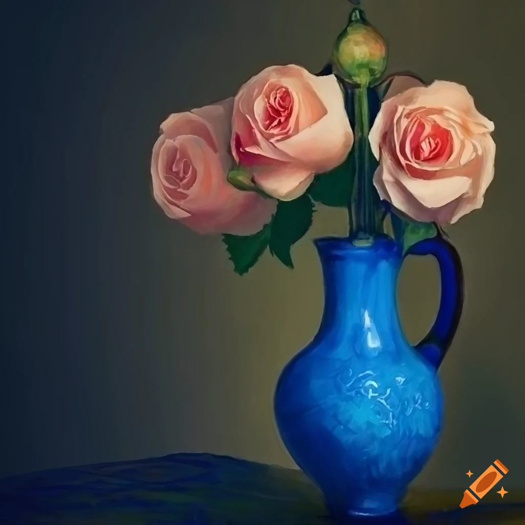 Still life, roses, blue vase, wooden t a ble on Craiyon