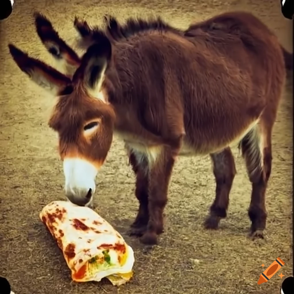 A miniature donkey next to a large burrito