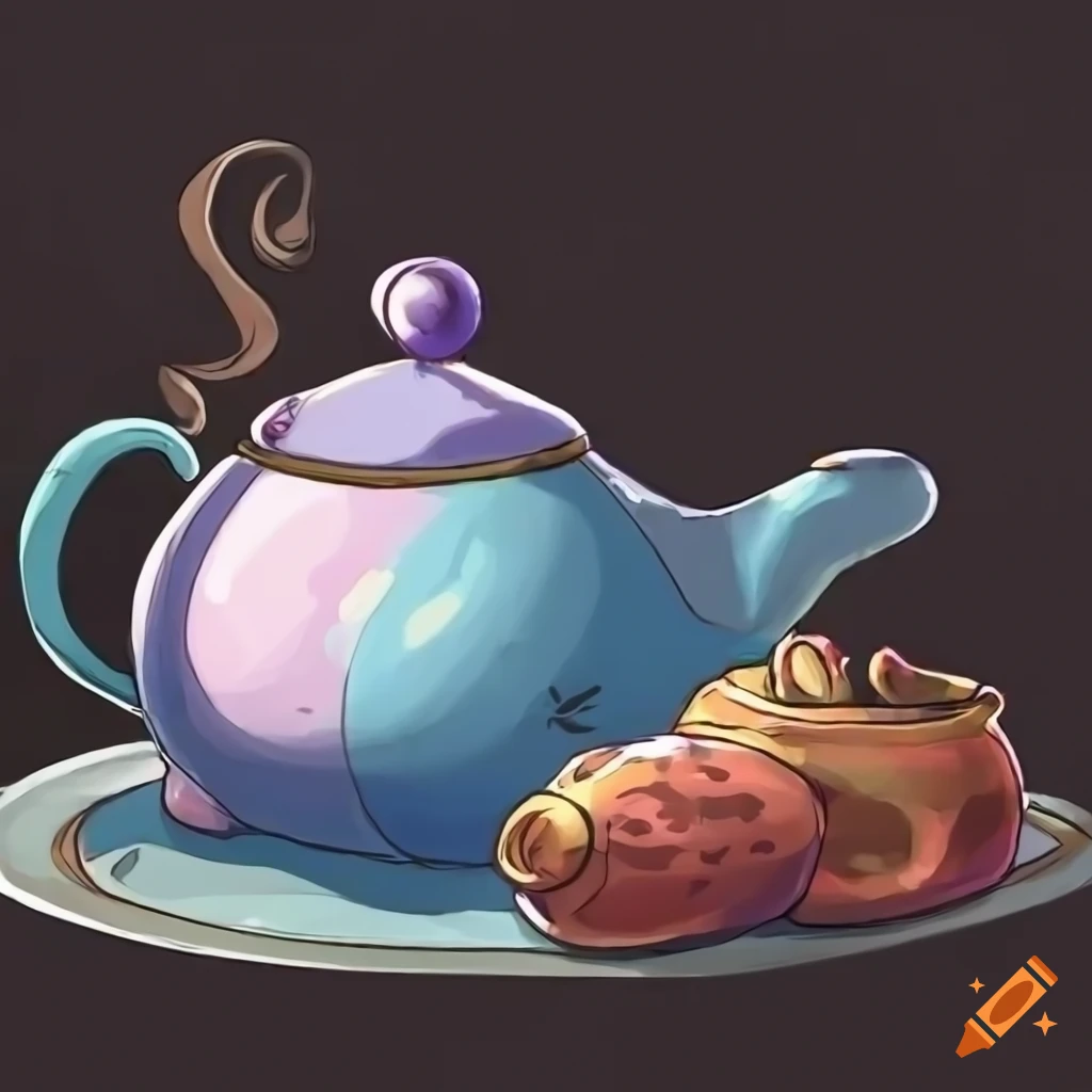 Anime art style drawing of a tea cup and a tea pot on Craiyon