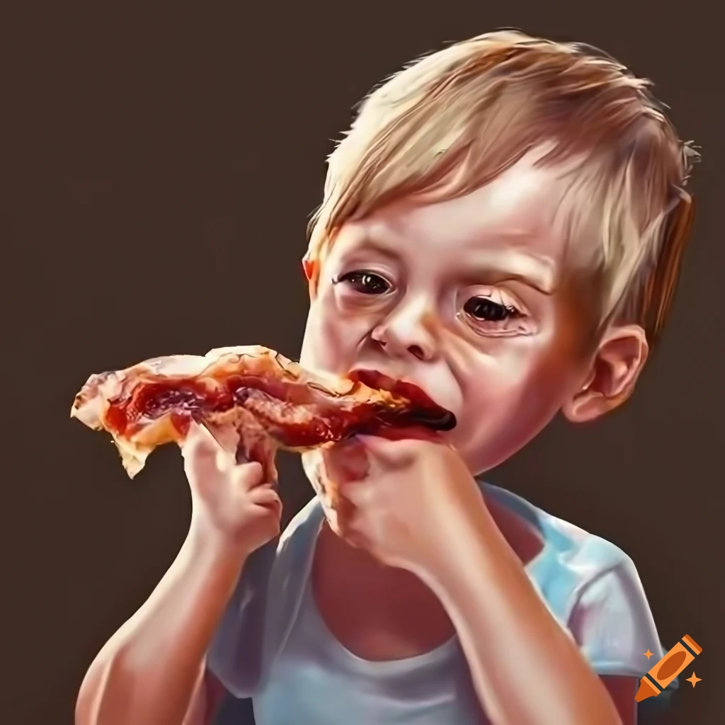 Kids eating bacon. photorealistic