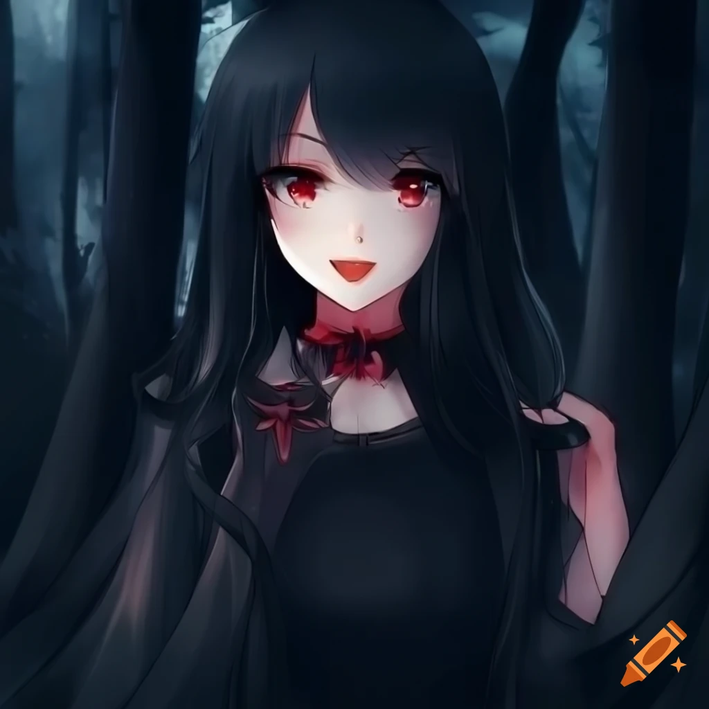 Beautiful anime girl, pale skin, long black hair with a red highlight,  opaque black dress, ruby red eyes, bare feet, spooky dark forest  background, pretty eyelashes