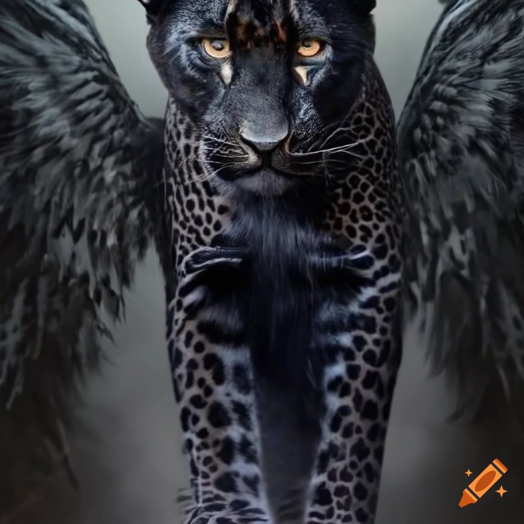 Black leopard with massive angel wings, fierce and magestic, dark