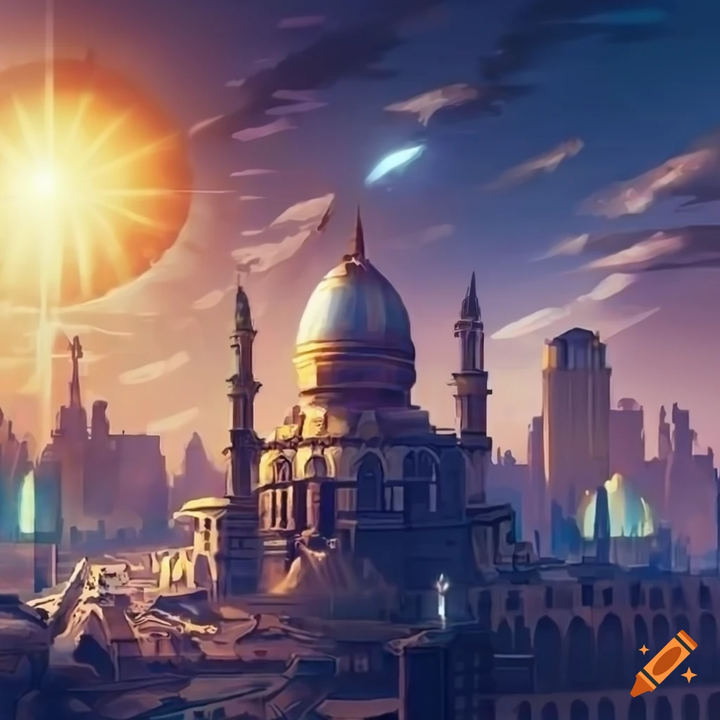 Futuristic Steampunk Arabic city, majestic, detailed Illustration concept art, sun rays on a sunny day, mysterious beautiful