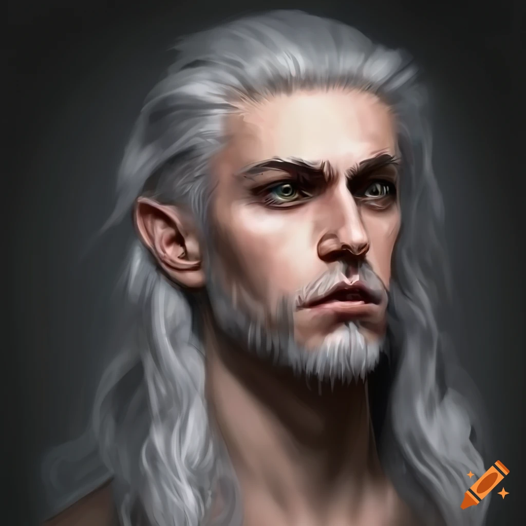Stoic face young adult man fantasy human grey hair soldier medium hair
