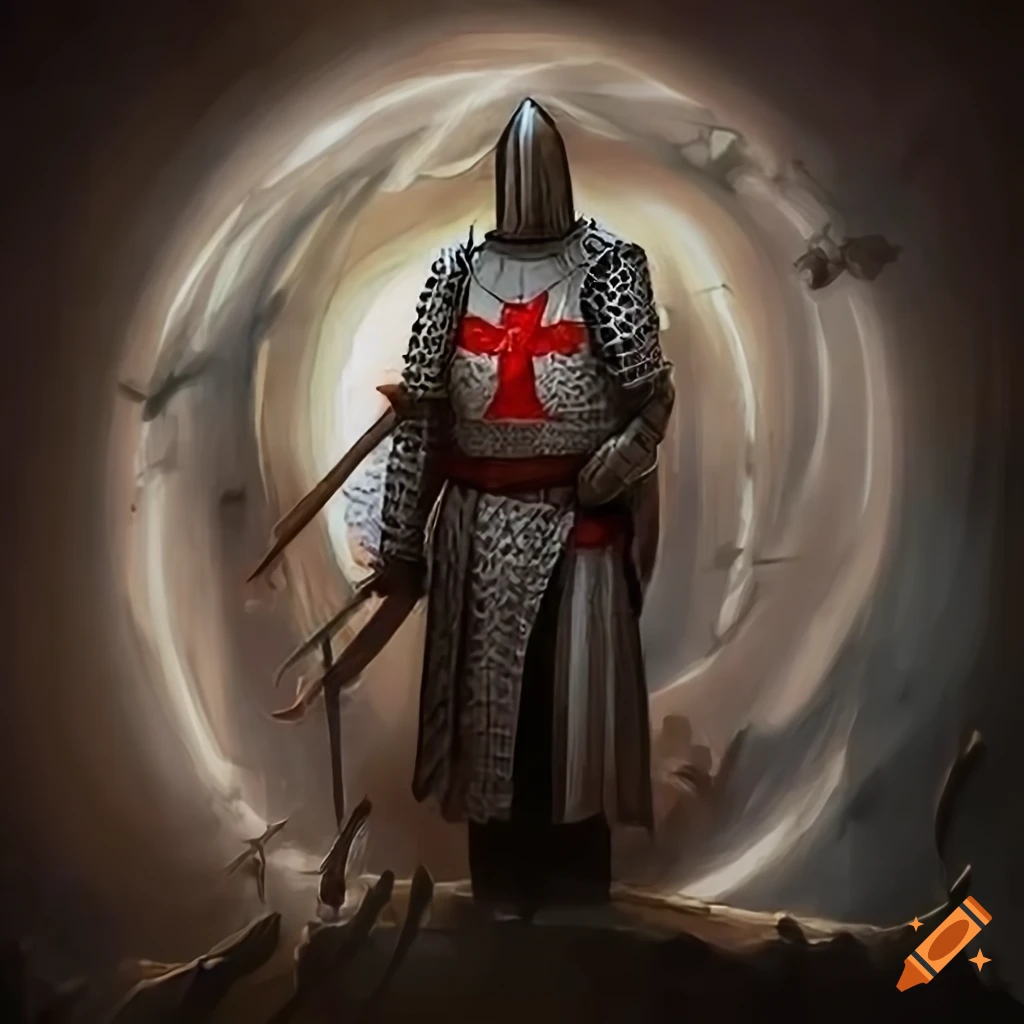 Depict a heroic knight templar clad in armor, wielding a sword, or holding  the iconic templar emblem. also depict a second person as a modern day  scholar holding a book and a