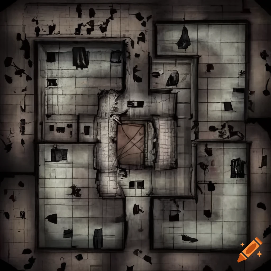 Dnd battle map of an abandoned library room on Craiyon