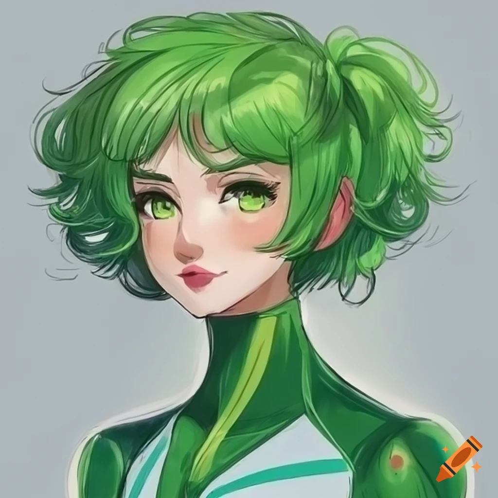 Alien girl Space Racer, cuerpo completo, pelo verde, ojos dorados, diseño anime, pelo corto, ropa oscura