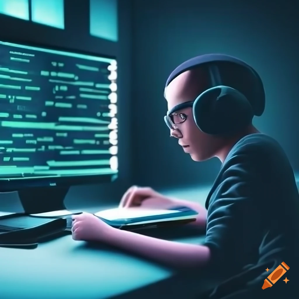 A programmer sitting at a desk writing computer code on Craiyon