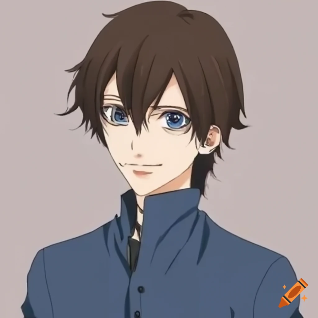 Crée moi un visage en type animé d'un homme de 18 ans avec les cheveux brun  en arrière avec une raie au milieux de ces cheveux qui a les yeux bleu, des, image size:1024x1024