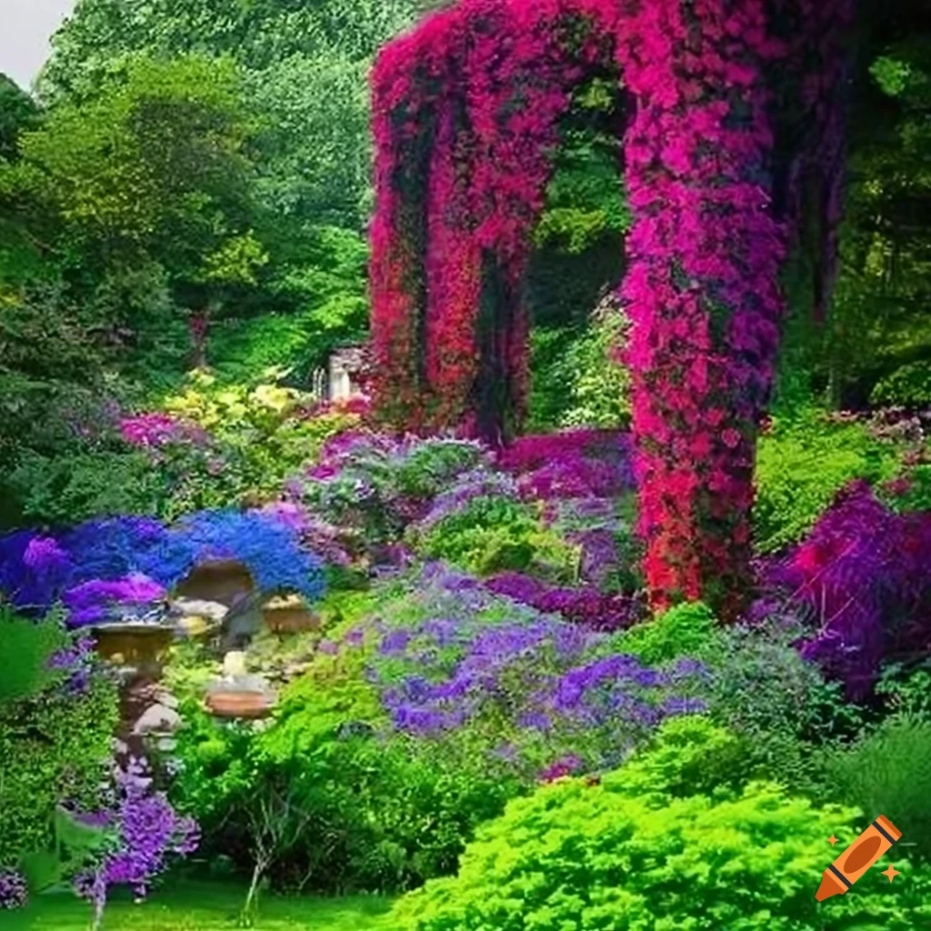 A beautifully illustrated scene of a lush, vibrant garden in full bloom ...
