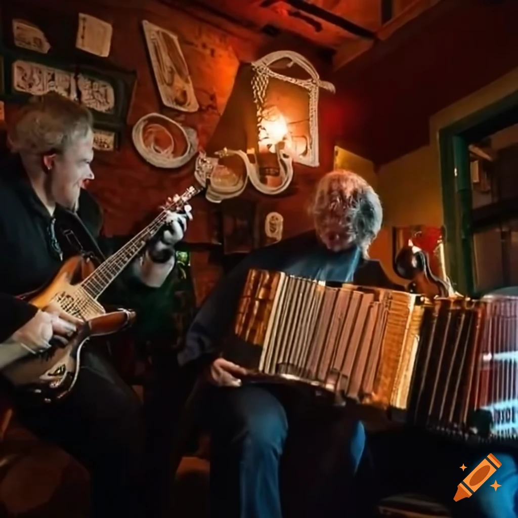 Guitar and accordion players performing live in a lively irish pub