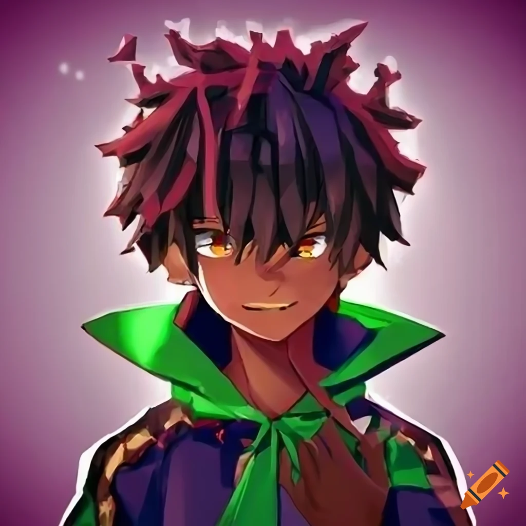 Black anime boy with scars, short kinky hair wearing green cloak