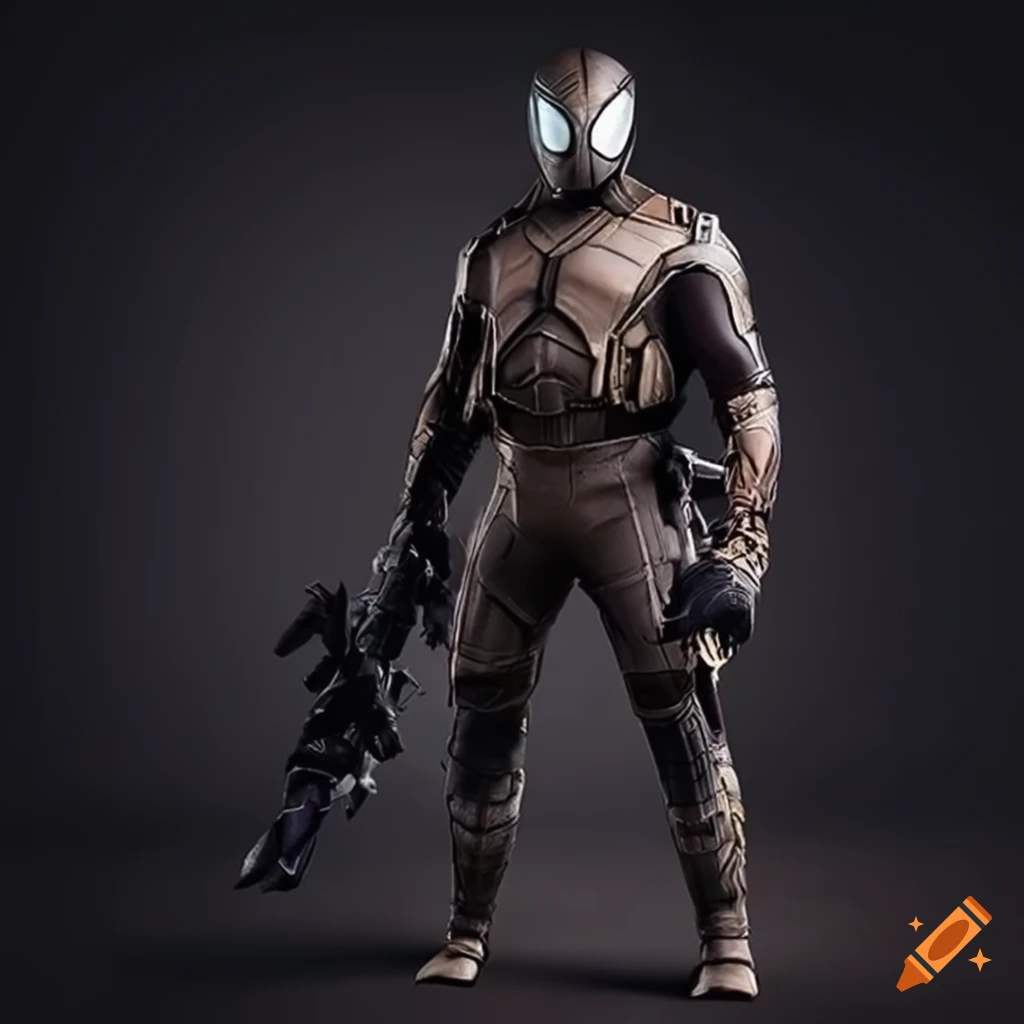 A hero dressed in a unique & sleek spider-inspired tactical-suit  full-length on Craiyon