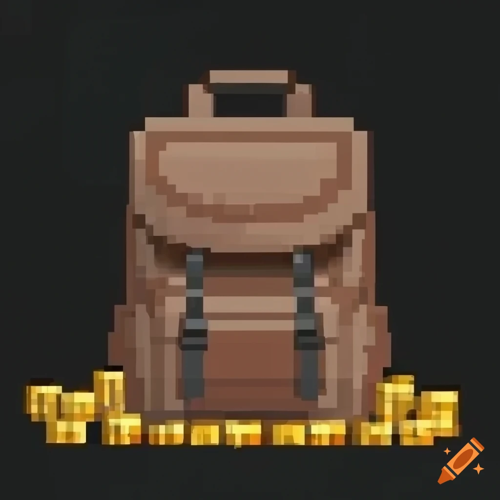 Detailed 3d pixel art of a brown backpack filled with a few swords. around  the backpack there is a shield, a helmet and some gold coins. the  background is plain gray