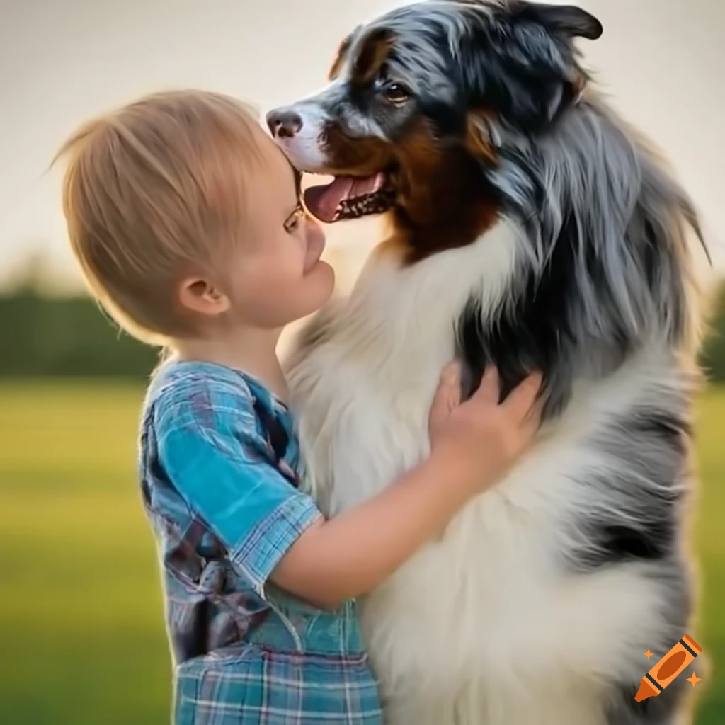 A playful australian shepherd showing affection to a delighted child on