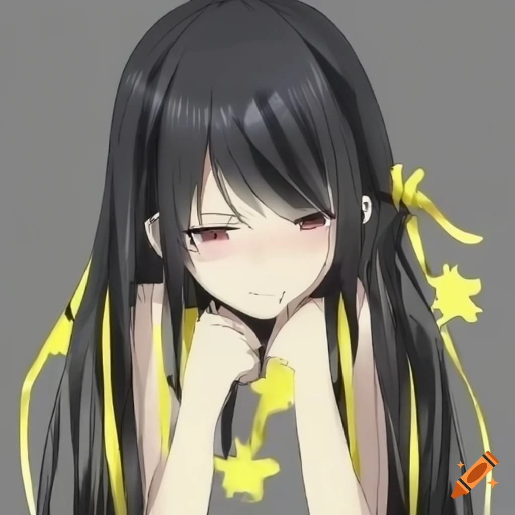 a melancholic anime girl with long, black hair and yellow ribbon