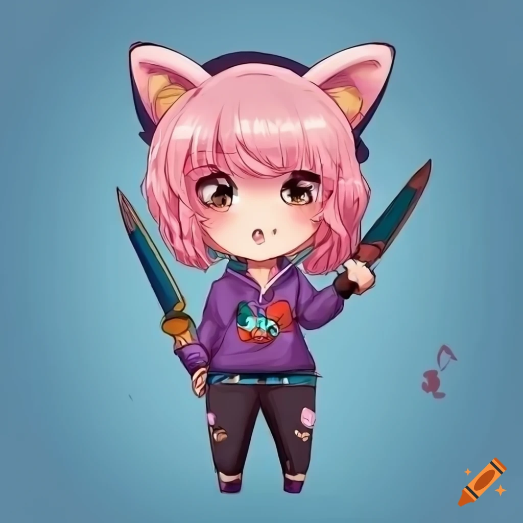 Cute happy stylish female chibi with dyed hair wearing light pink
