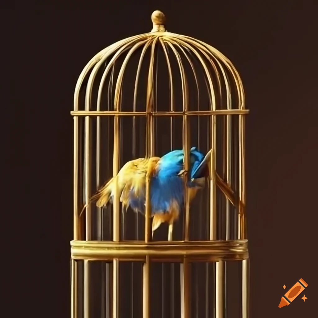 Bird in gold cage waiting to fly out for a new home land, engaged and in freedom and a new