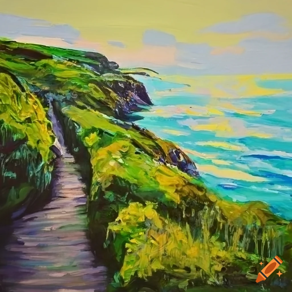 Landscape painting of howth cliff walk (green route) in dublin, ireland