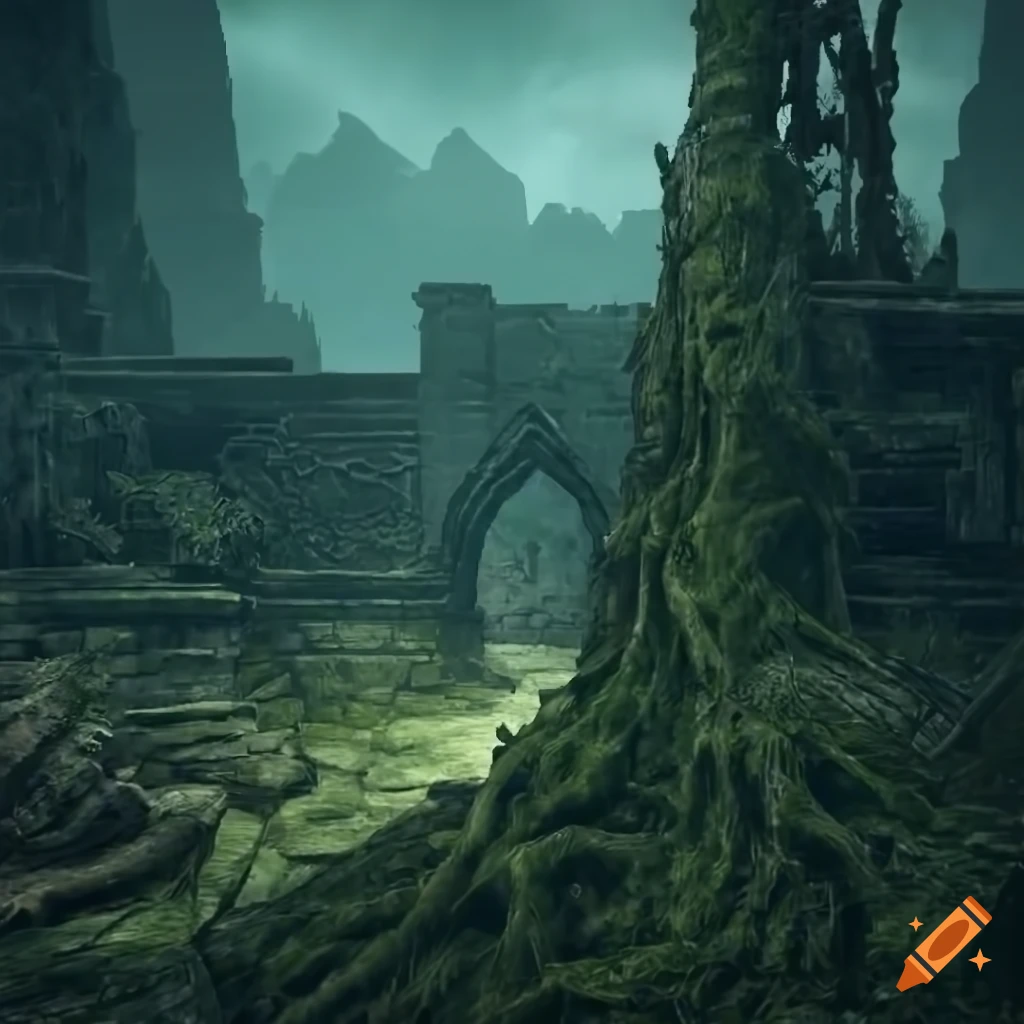 dark souls, firelink shrine, ruins, stone, moss, green, 2 stairs, ruined, vines, landscape, crooked leafless tree