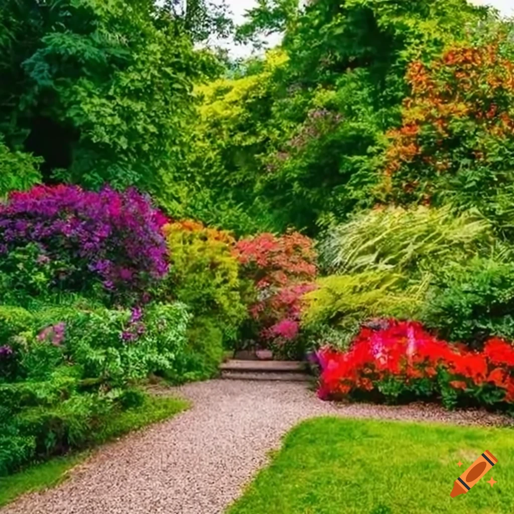 A vibrant garden bursting with colorful flowers and lush greenery
