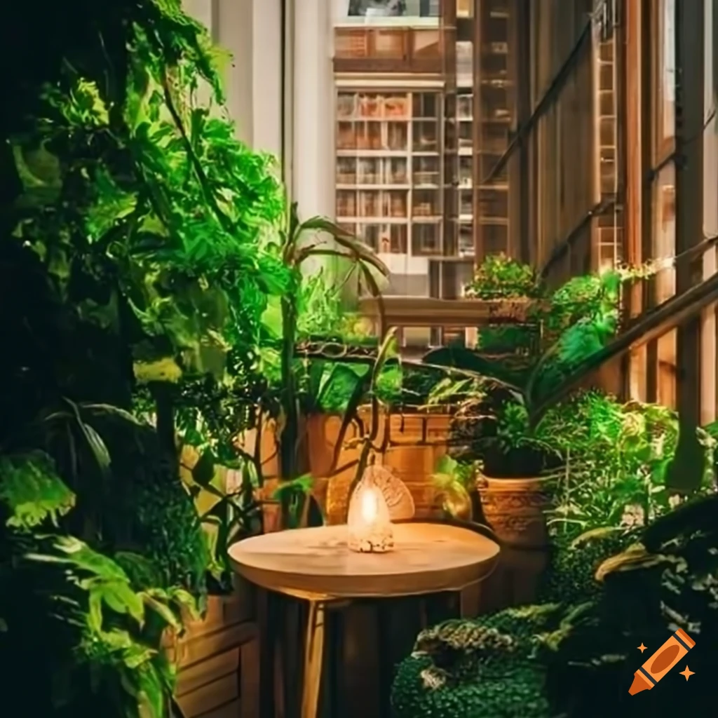 A cozy balcony oasis with lush green plants, comfortable seating, and ...