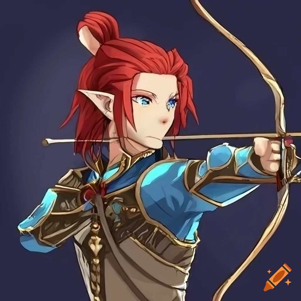A male wood elf archer with red hair and a ponytail, wears light blue ...