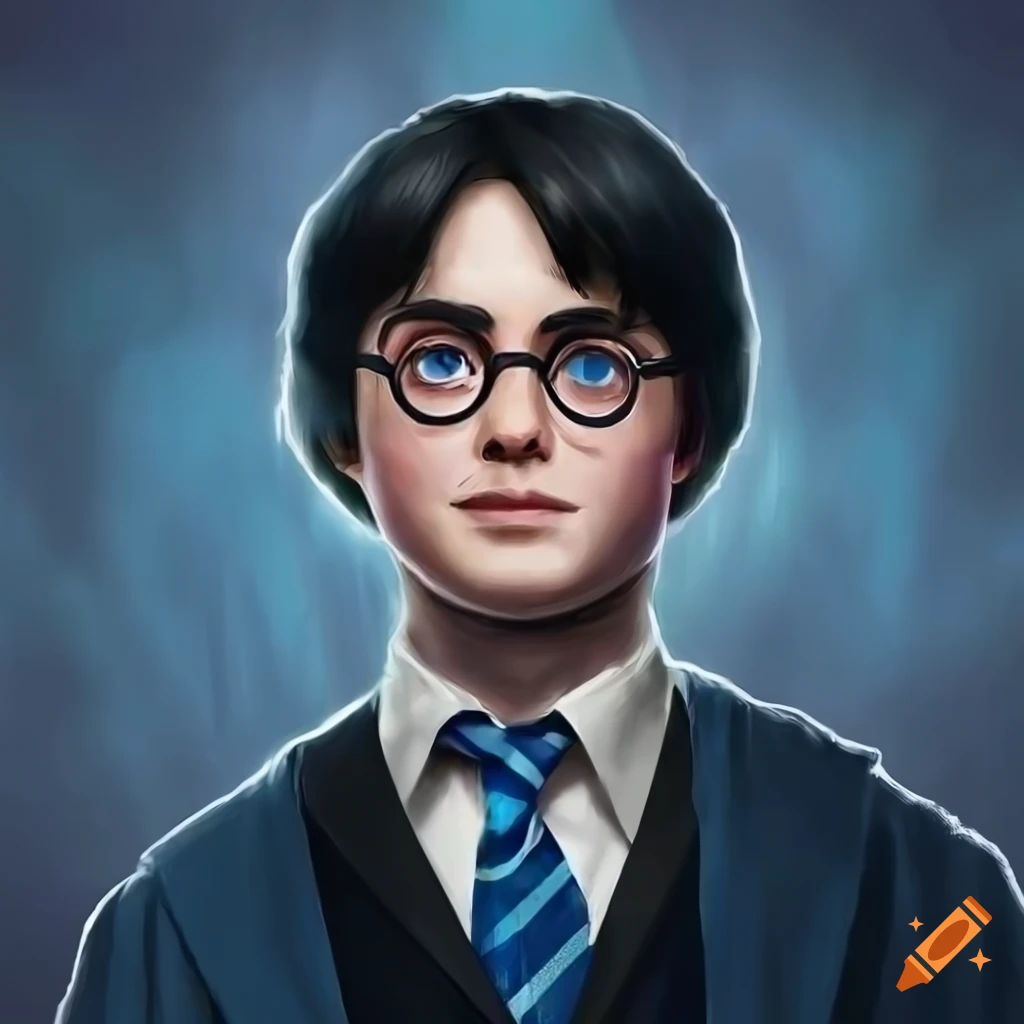 Portrait of harry potter with black hair as a seer with blue tie ...