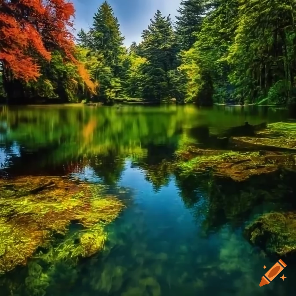Serene lake surrounded by lush trees and vibrant vegetation on Craiyon