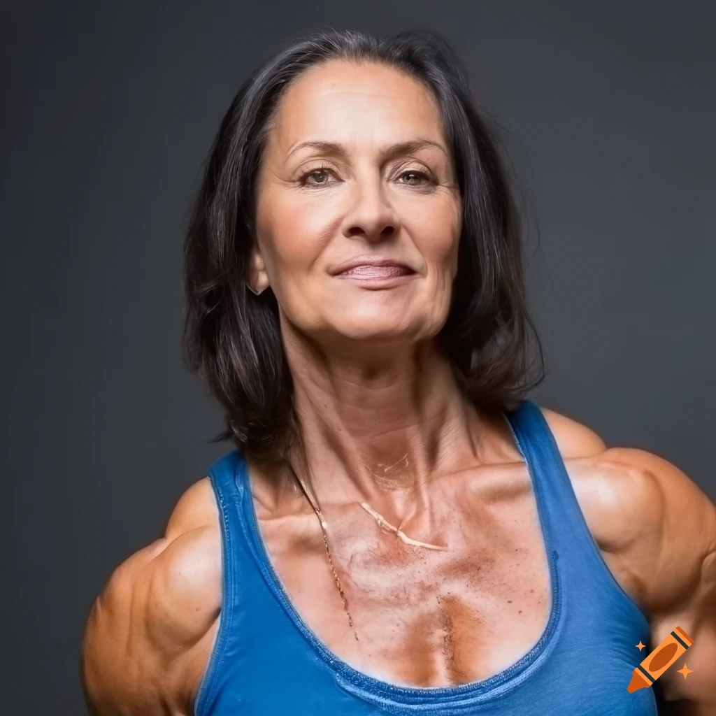 Photorealism Close Up Portrait Titled Muscular Mature Female Bodybuilders With Forehead Veins