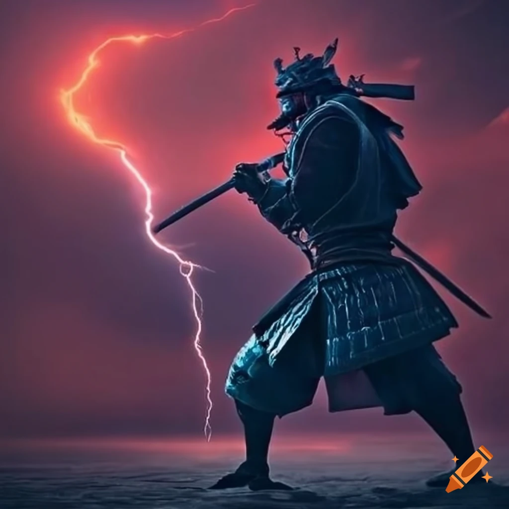 Japenese samurai duel with lightning with red sun on Craiyon