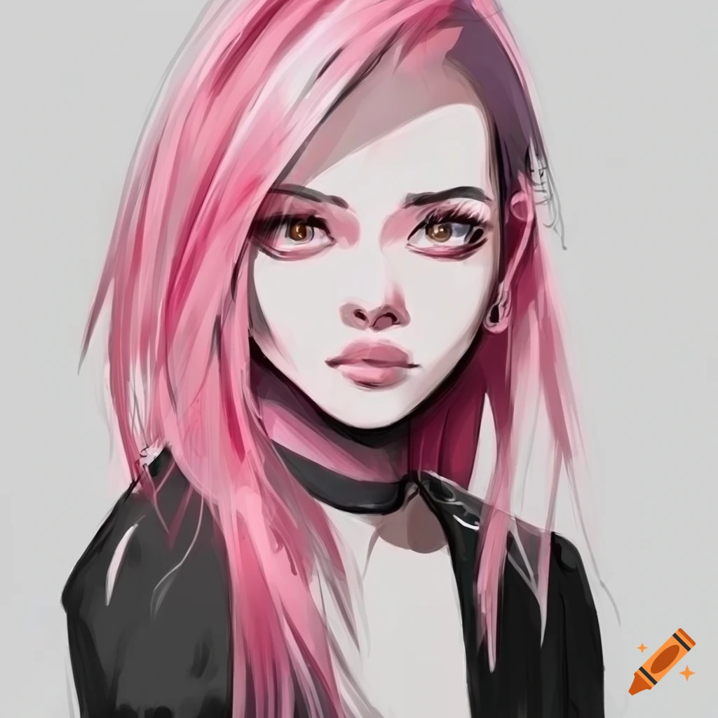 Cartoon girl pink hair portrait sketch on Craiyon