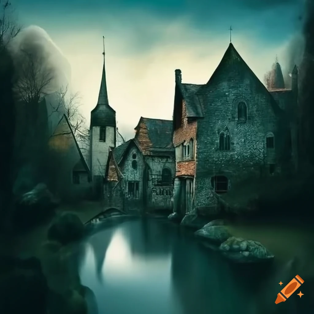 Sinister medieval village with twenty houses, a stream and a church