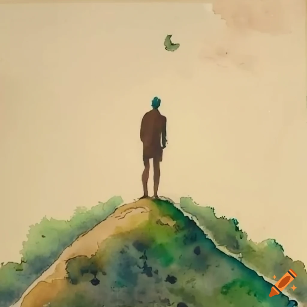 Visualize a hill with a tree growing on top. a person is standing on the hill, looking at the