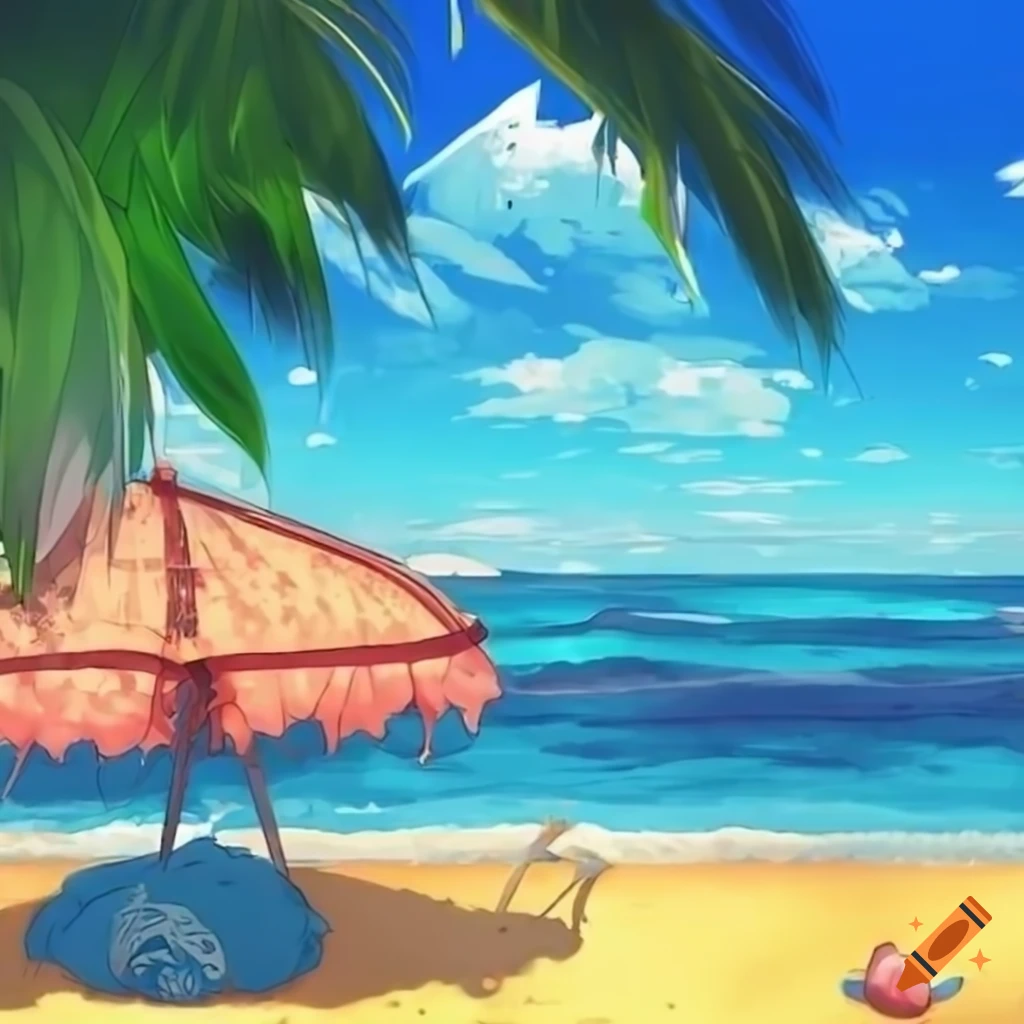 Anime Beach Scene with Palm Trees and a House, AI Stock Image - Image of  beach, outdoors: 290359589