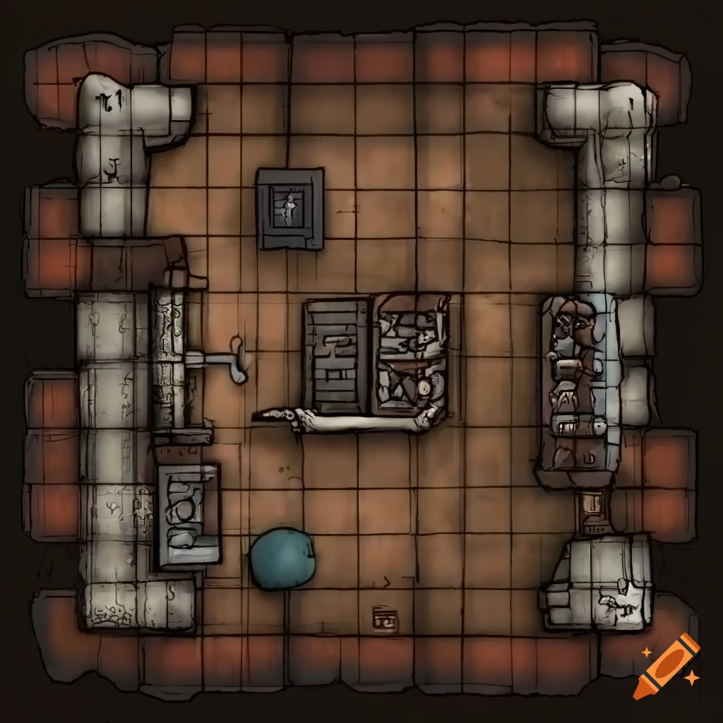 Draw a dnd battlemap with grid of a steam punk inspired laboratory. each square of the grid