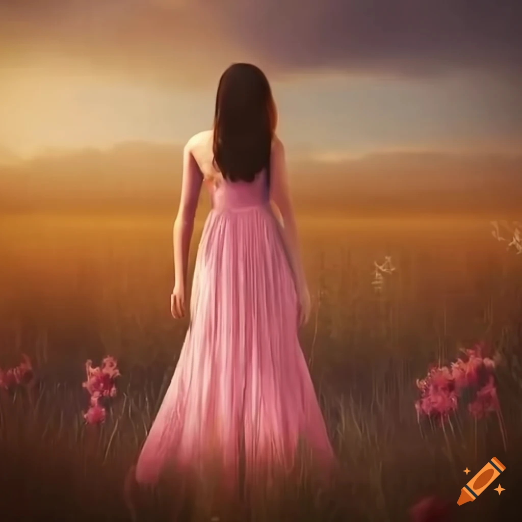 Realistic art of woman inspiring meadow walking away in a pink dress ...