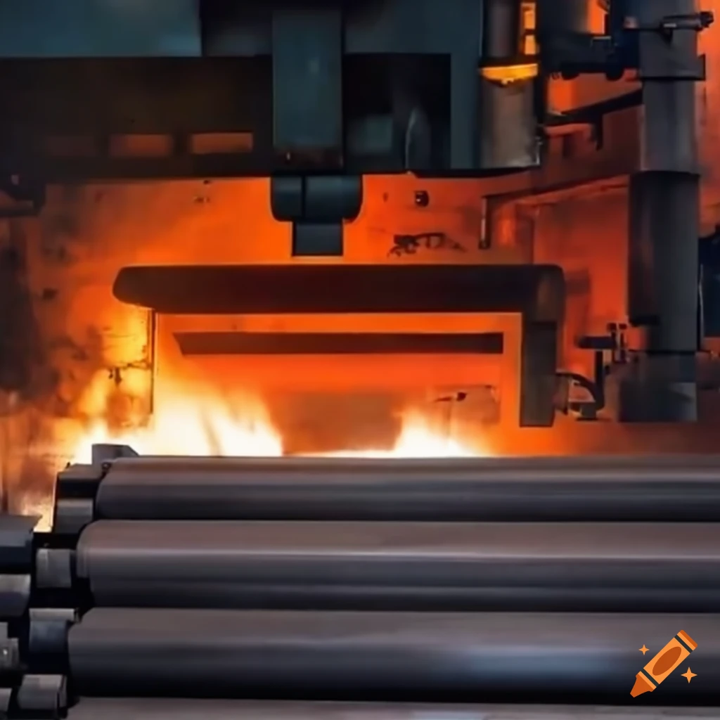 A heavyduty machine rolling square bars in a steel mill