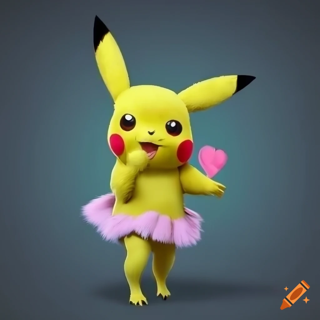 Realistic rendering of an adorable pretty female pikachu wearing a cute  frilly skirt, fur lighting, heart-shaped tail, high-definition on Craiyon