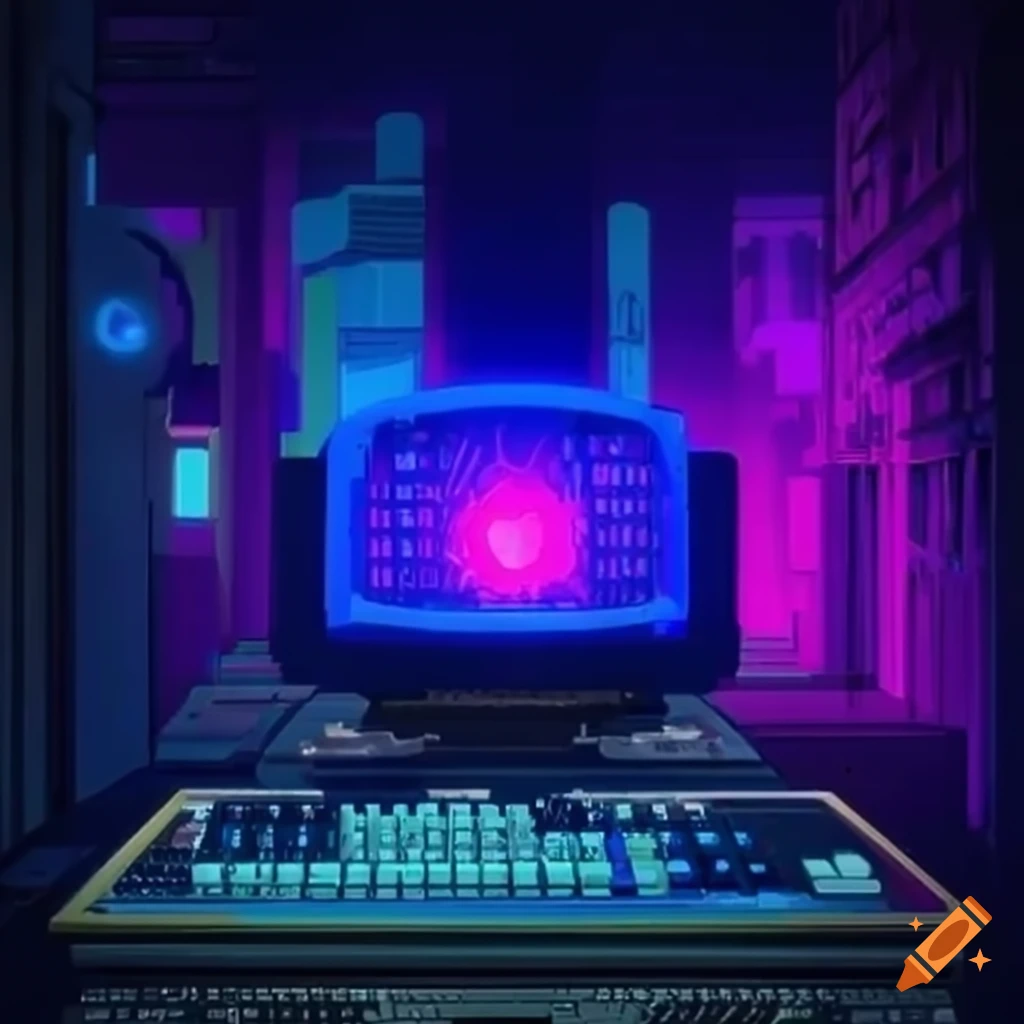 A giant computer with binary codes inside, epic anime style