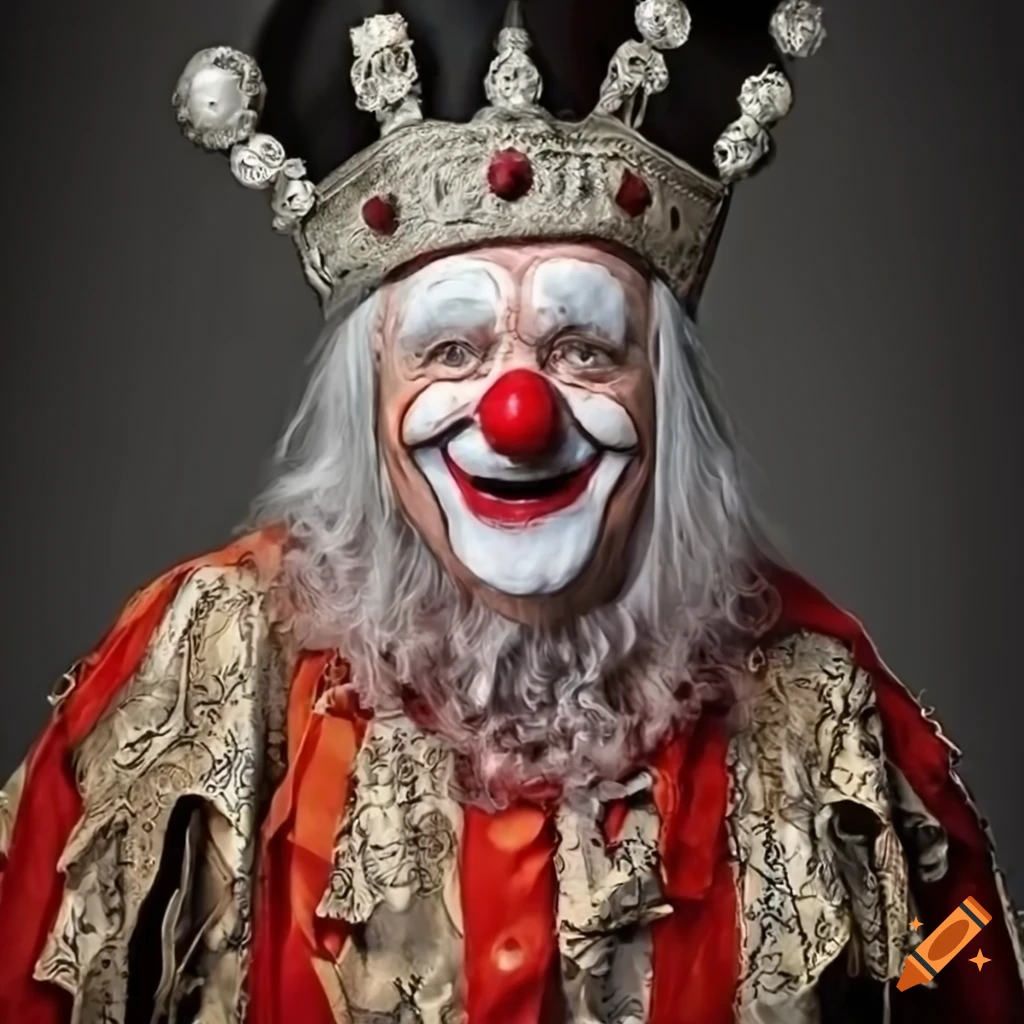 Cadaverous elderly clown king grinning in tattered robes and elaborate ...