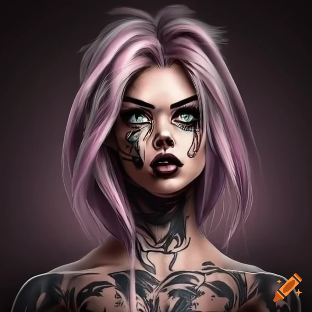 a sexy girl with tattoos exudes a raw and fierce energy that sets her  apart. Her body is adorned with intricate tattoos that tell the story of  her journey through the harsh